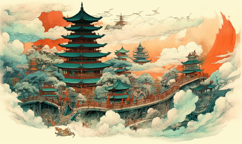 国潮风古楼宝塔建筑背景,插画/手绘图,插画/手绘图库,插画/手绘图下载,插画/手绘